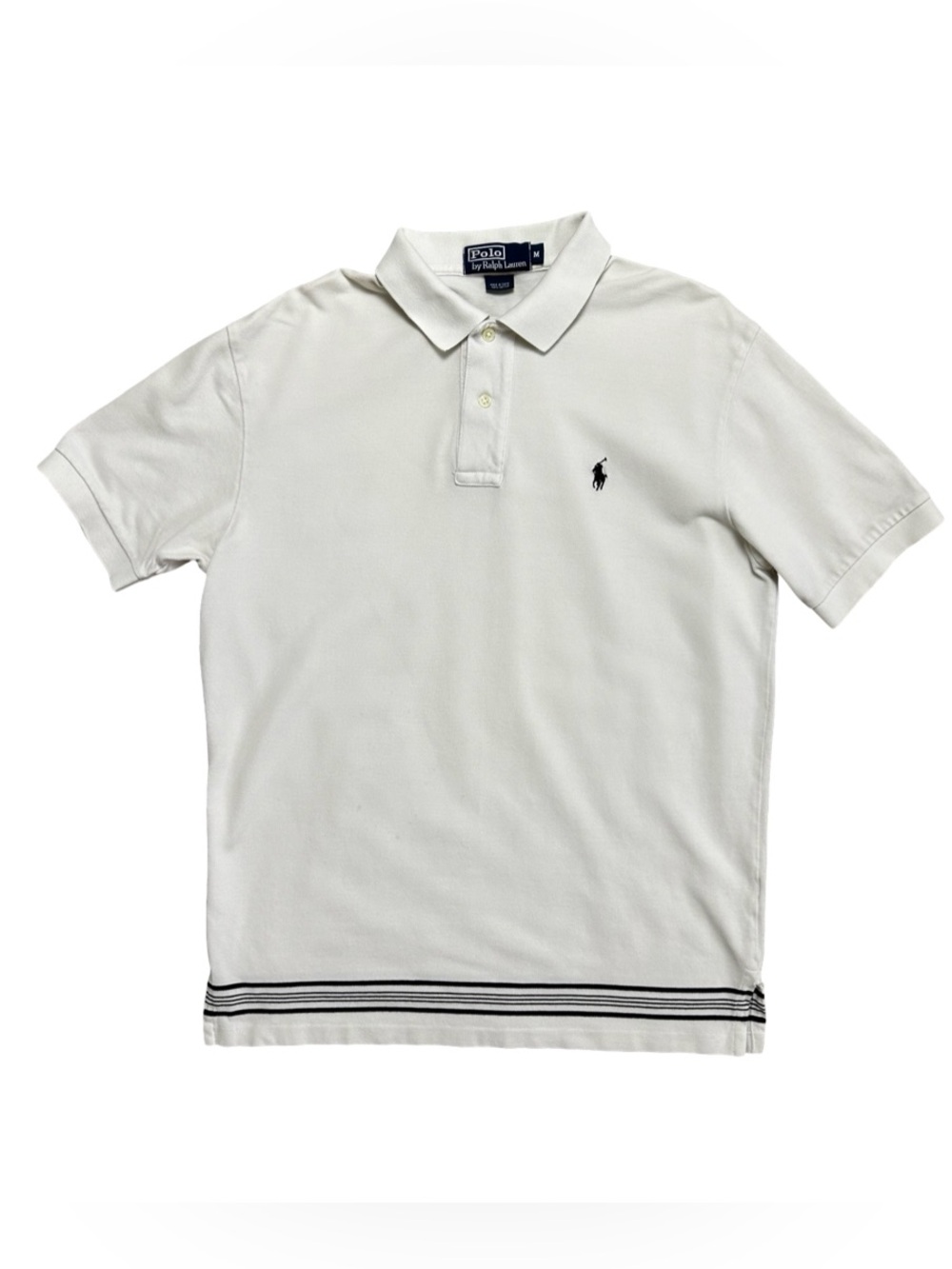 Polo Ralph Lauren Shirt Mens White Black Striped Hem Pony Polo Short Sleeve Sz M